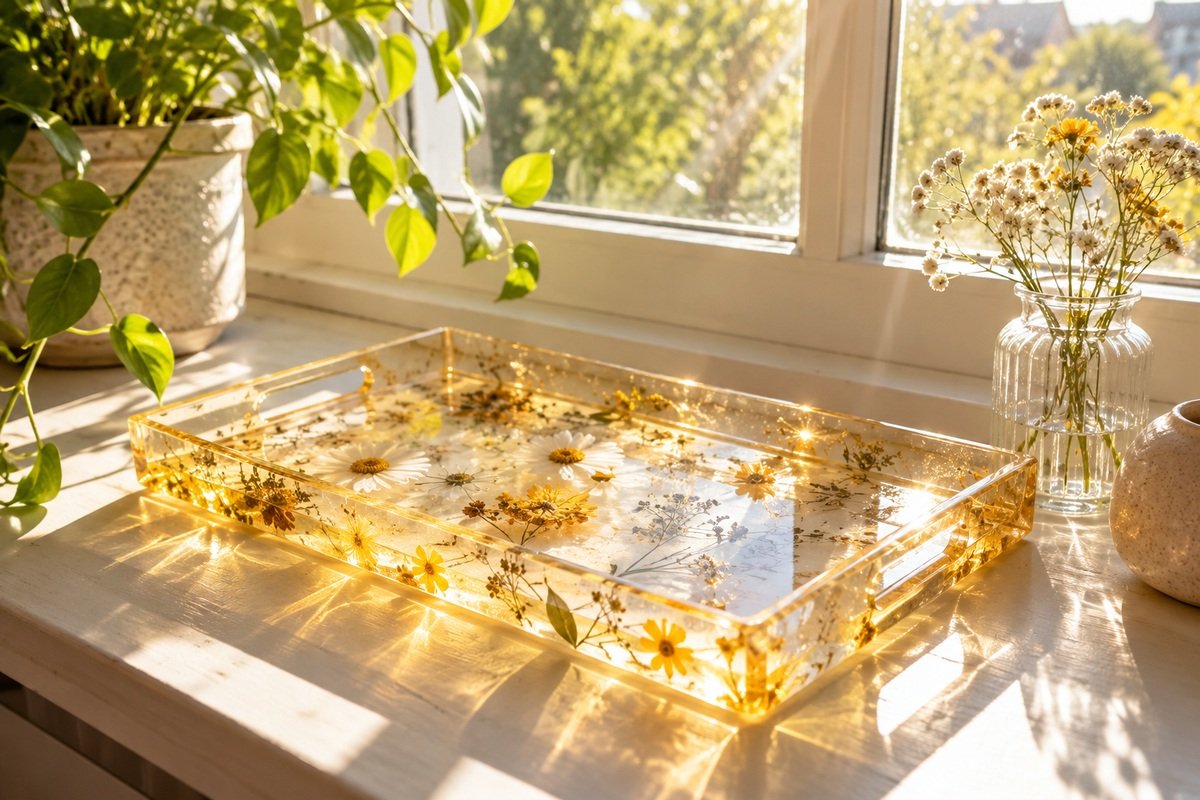 Plateau en résine qui jaunit au soleil près d'une fenêtre
