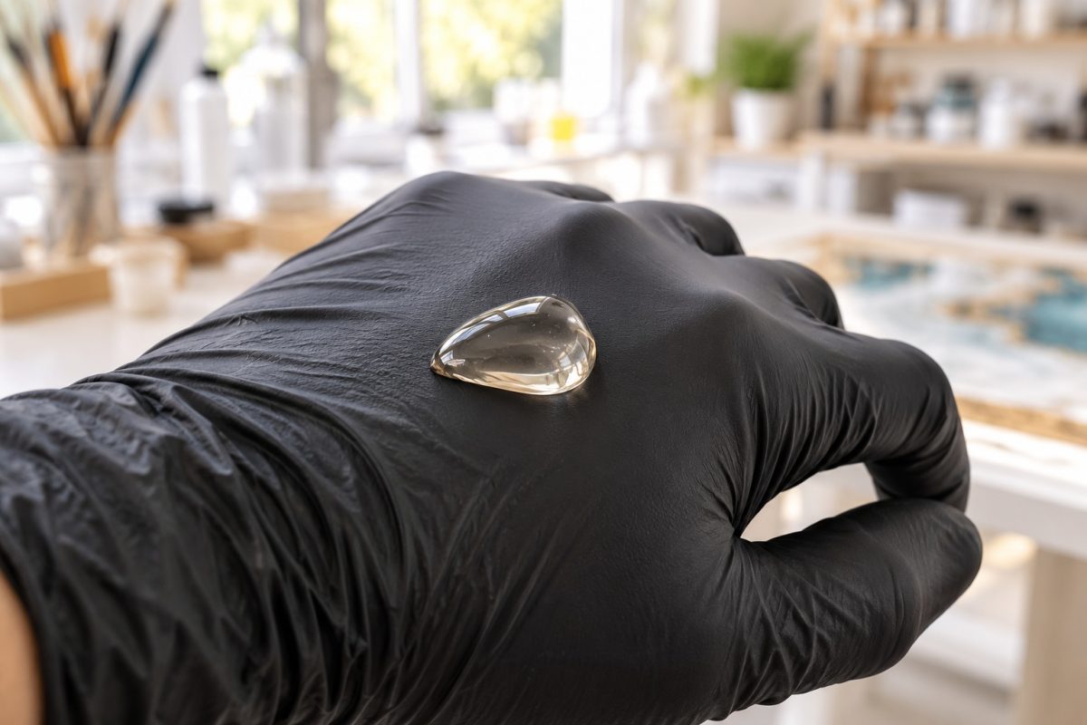 Goutte de résine sur un gant nitrile