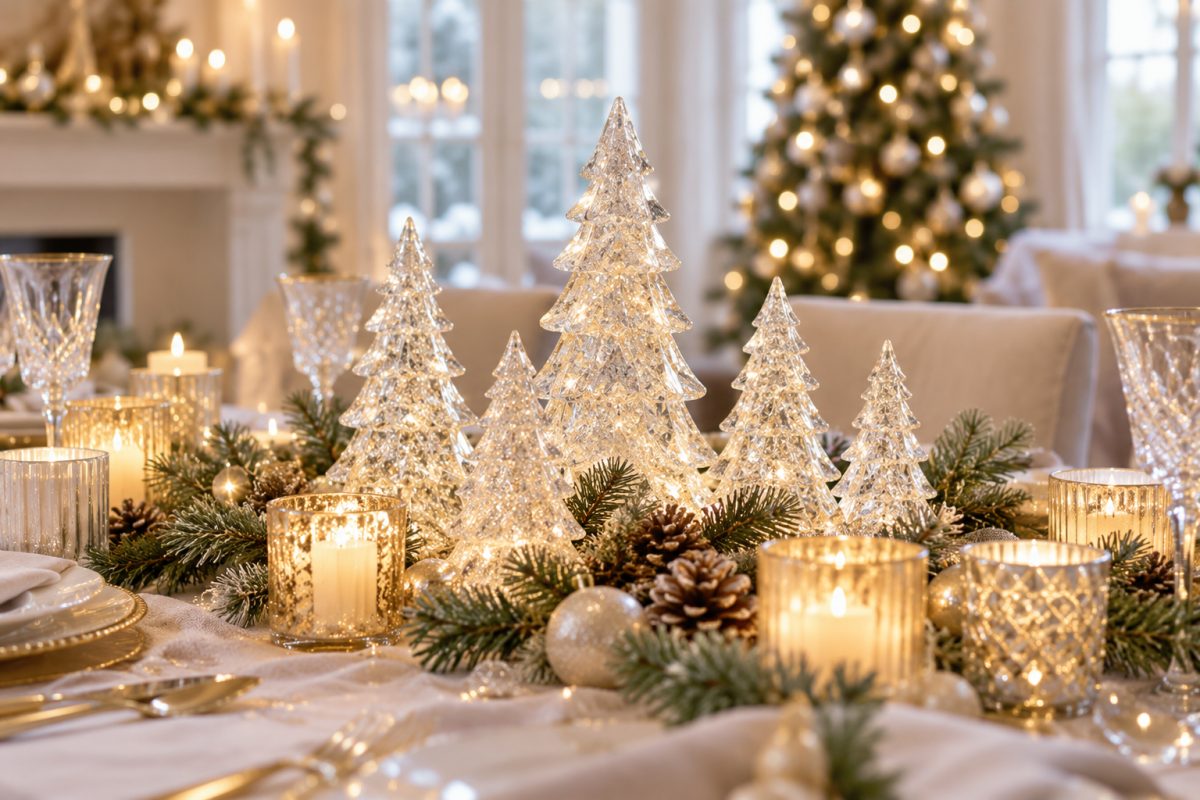 Sapins en résine sur une table de fête