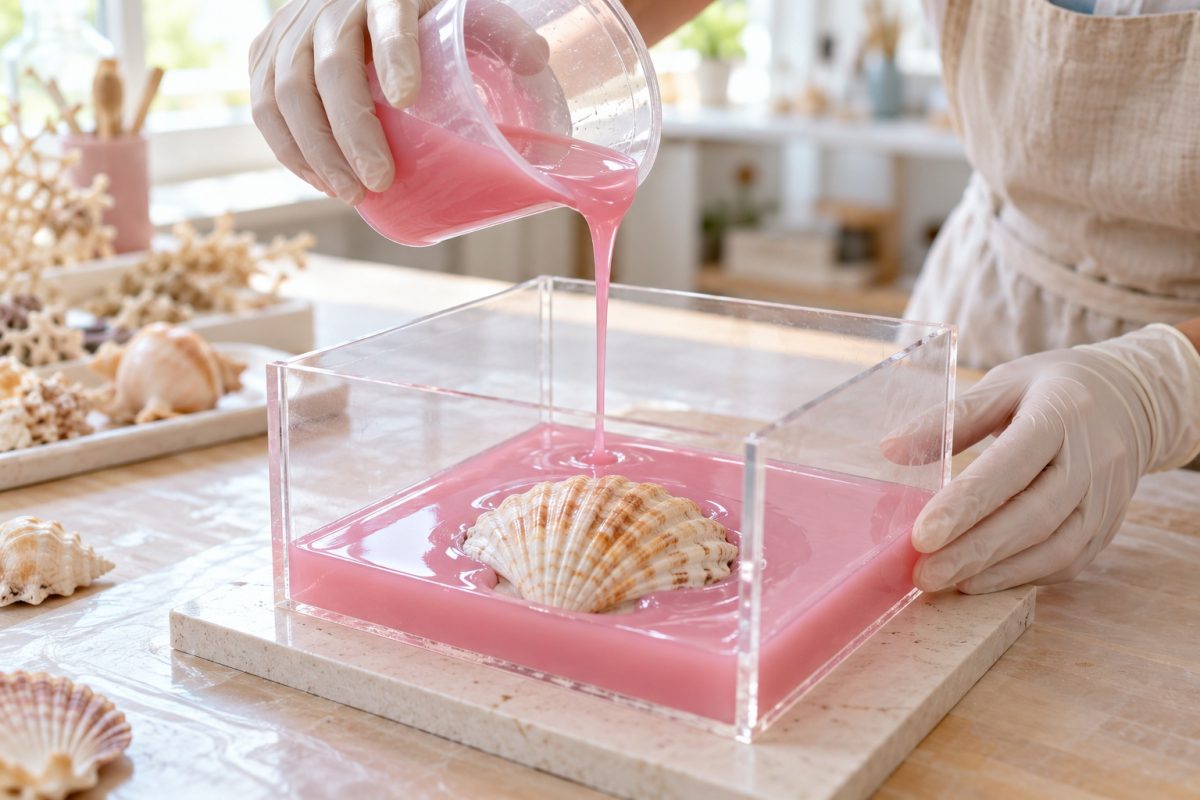 Silicone pour moule coulé autour d'un objet dans une boîte de coffrage