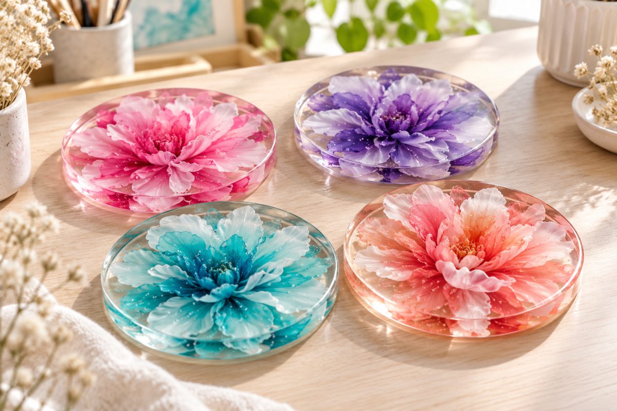Série de sous-verres en résine à pétales