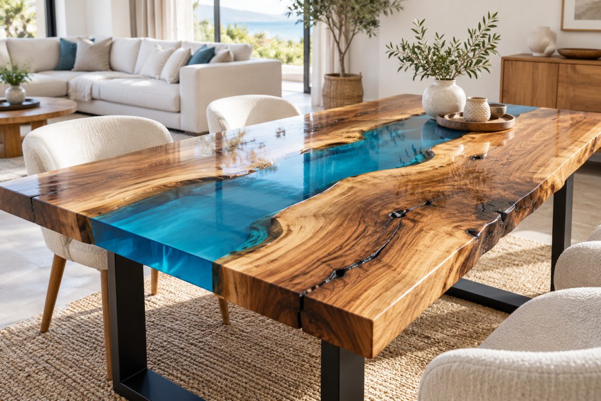 Table rivière en résine colorée bleu