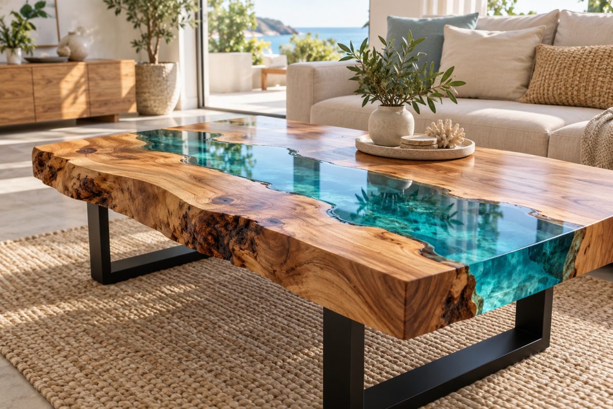 Table rivière en résine terminée et polie