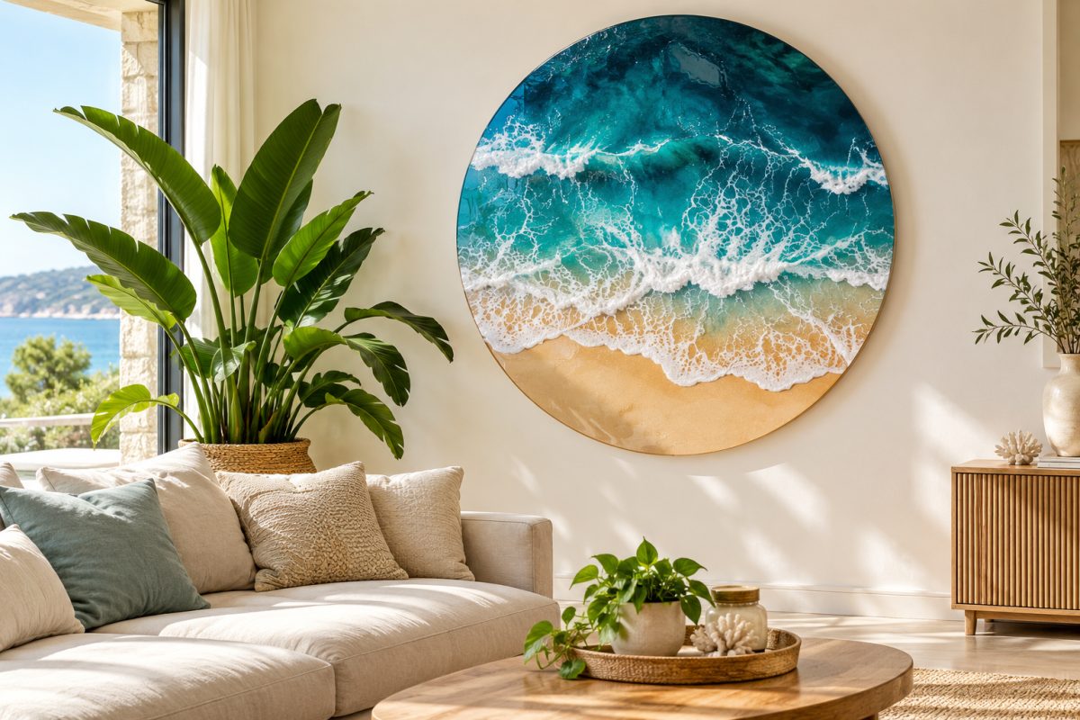 Tableau ocean art en résine accroché au mur